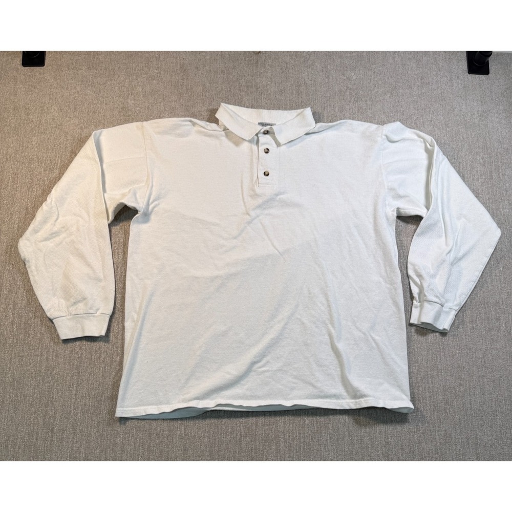 Vintage Anvil Mens Large White Long Sleeve Heavyweight Cotton Polo Shirt